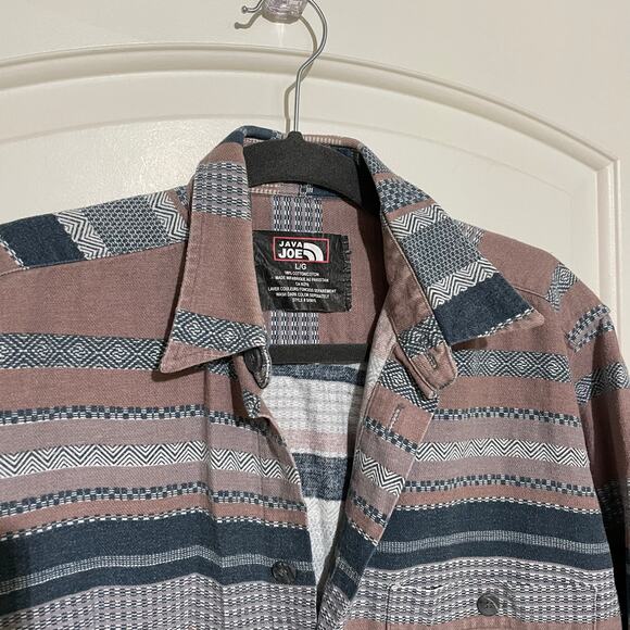 Java Joe Southwestern Print Flannel Tan Blue Striped Button Up Large Aztec Indie - Picture 4 of 8